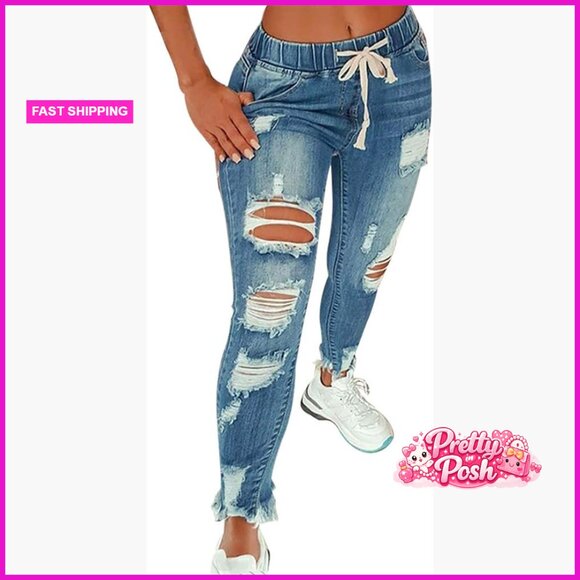 High Waist Skinny Stretch Ripped Jeans Destroyed Denim Pants